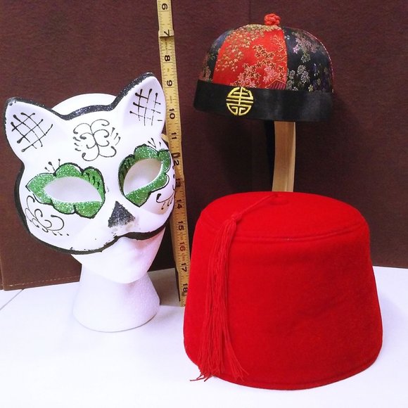 Vintage Lot of 3 Collection Fancy Dress Costume Party Hats Cat Mask Fez Asian - Picture 5 of 11